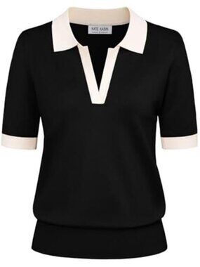 Womens V Neck Polo Sweater Short Sleeve Knit Top Lightweight Casual Shirt